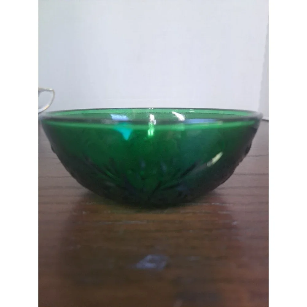 1957 Anchor Hocking Forest Green Sandwich Glass Floral And Foliage 4in Berry...